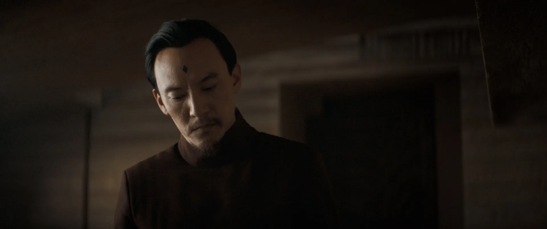 Man in dark robes with downcast eyes, a distinctive mark on his forehead, in a dimly lit corridor